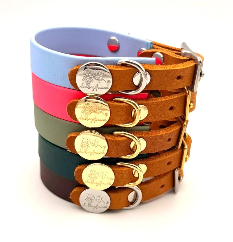 Biothane Lederhalsband Neonpink/Gold