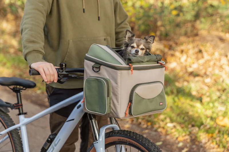 Hundefahrradkorb vorne mit Außentaschen und Schultergurt, beige/grün