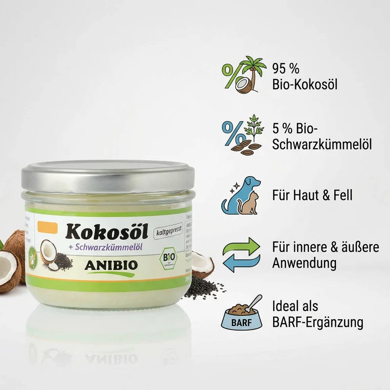ANIBIO Bio-Kokosöl mit Schwarzkümmelöl – für Haut & Fell