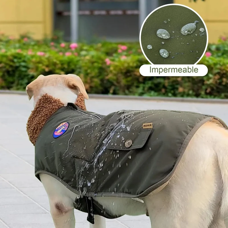 Casaco / Blusão Impermeável e Quente, Verde Oliva, para Cães Médios e Grandes
