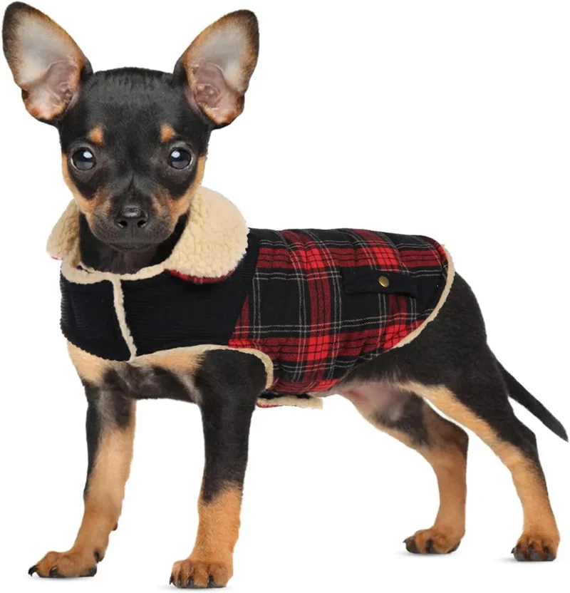 Casaco de Inverno para cão - colete polar grosso com estampado tartã - ideal para o Natal