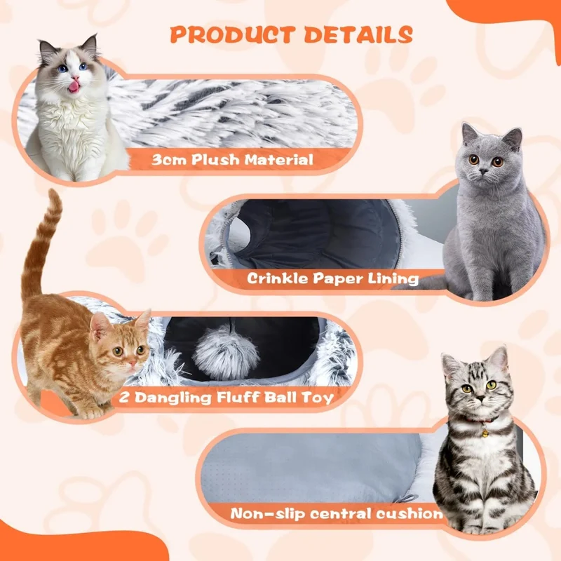 Cama - Túnel para gatos, 2 em 1 cama e túnel, com almofada removível