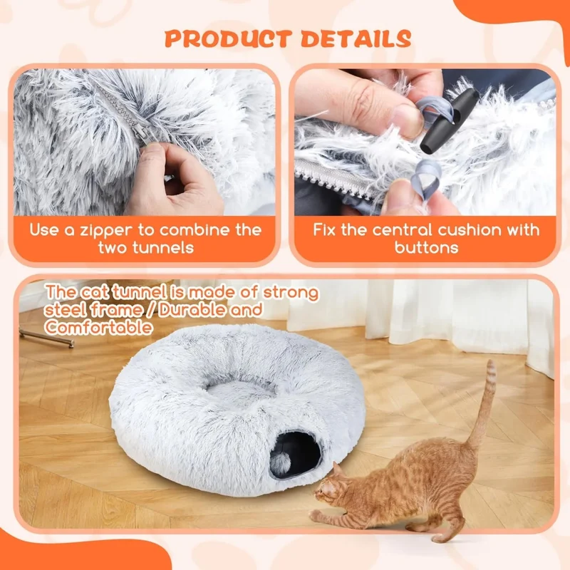 Cama - Túnel para gatos, 2 em 1 cama e túnel, com almofada removível