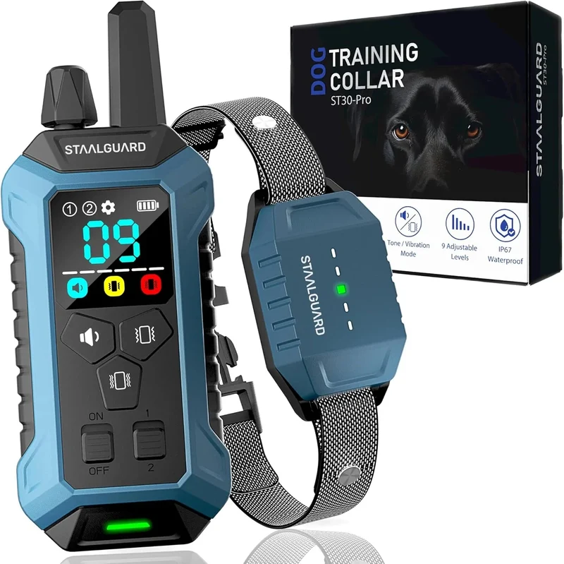 Coleira de treino para cães, sem descarga elétrica, 9 níveis, som, vibração e impulso, alcance de 3000 m, recarregável, automonomia 30 dias, impermeável IP67