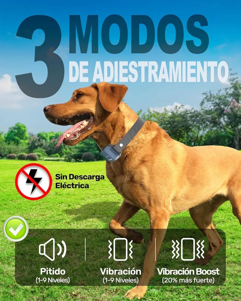 Coleira de treino para cães, sem descarga elétrica, 9 níveis, som, vibração e impulso, alcance de 3000 m, recarregável, automonomia 30 dias, impermeável IP67