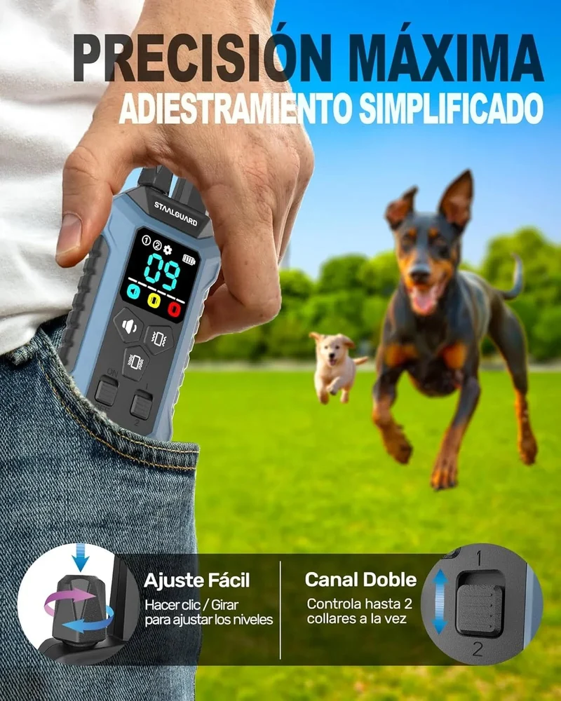 Coleira de treino para cães, sem descarga elétrica, 9 níveis, som, vibração e impulso, alcance de 3000 m, recarregável, automonomia 30 dias, impermeável IP67