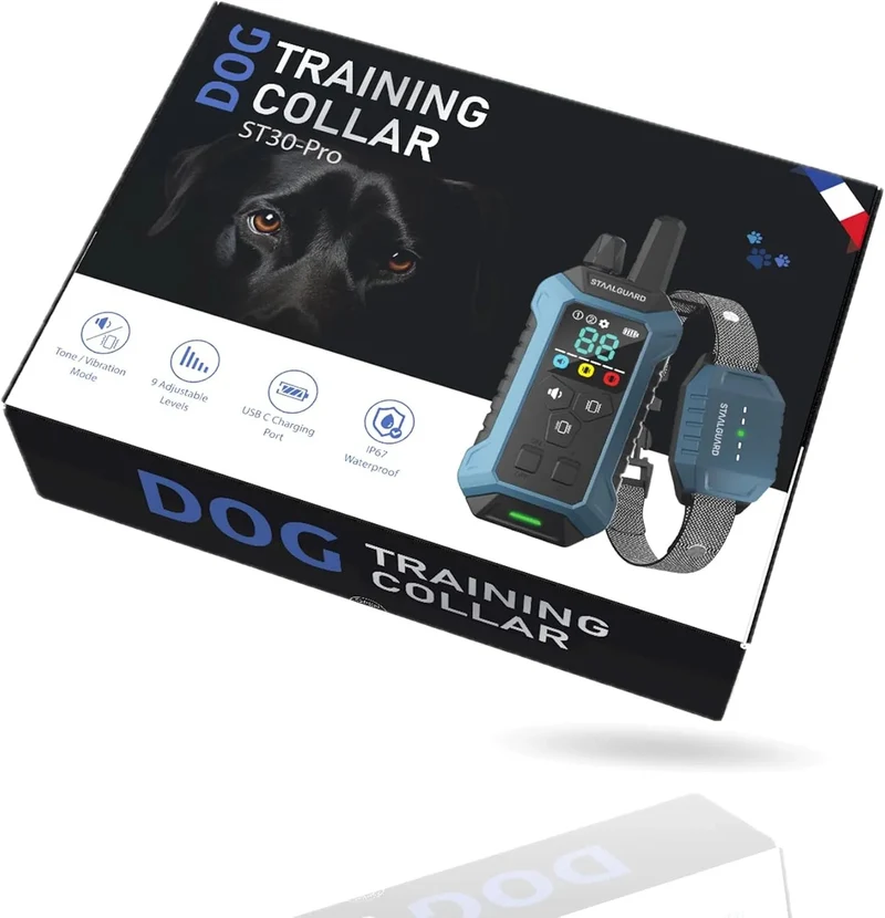 Coleira de treino para cães, sem descarga elétrica, 9 níveis, som, vibração e impulso, alcance de 3000 m, recarregável, automonomia 30 dias, impermeável IP67