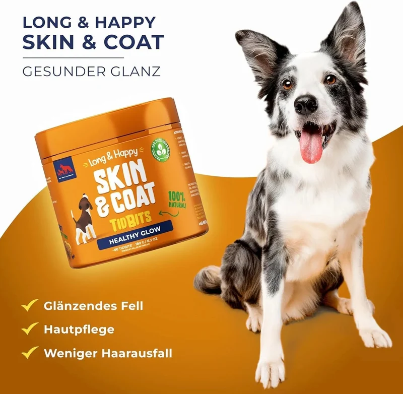 Snacks para Cães, Contra a Queda de Pelo - Alimento Suplementar para Cães para Manter o Pelo e a Pele Saudáveis - com Óleo de Salmão, Vitamina A e E - 180 g