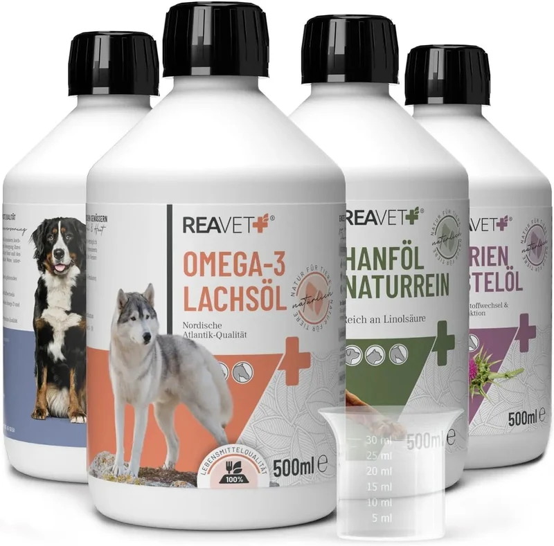 Óleo para ração ReaVET para cães, 4 variedades x 500 ml, óleo BARF para cães, óleo BARF de alta qualidade para cães, natural e apropriado para todas as raças