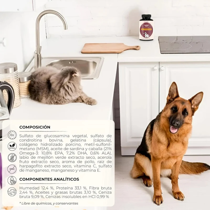 Lamina Care - Condroprotetor cães e gatos para fortalecer as articulações e a anca com glucosamina, colageno para cães, condritiona e mexillon lábios verdes, anti-inflamatório cães e gatos