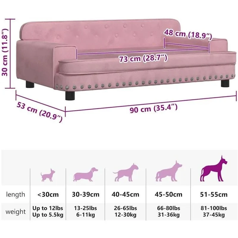 Cama para cães ou gatos, em veludo rosa, 90 x 53 x 30 cm