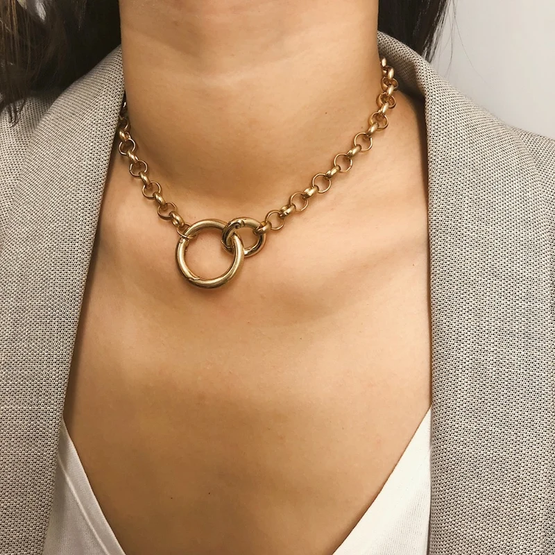 KMVEXO Vintage Punk Curb Chain Necklace for Women 2019 New Gold Silver Big Round Pendant Collar Choker Sweater Chain Necklaces