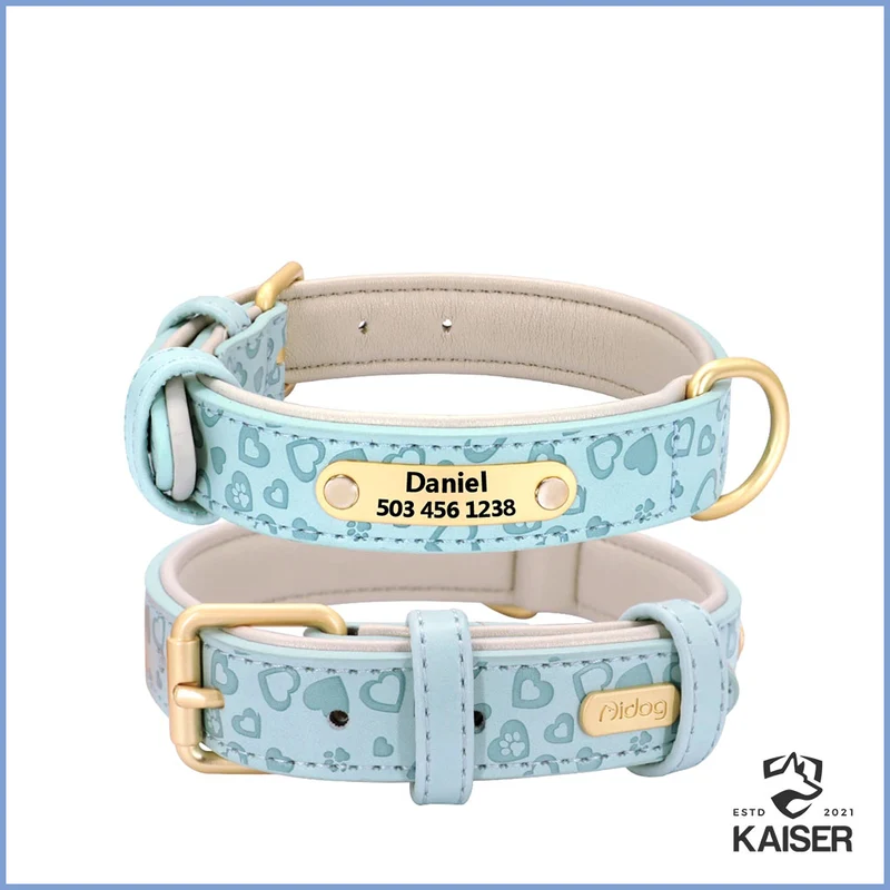 Gepolstertes Hundehalsband aus Leder mit Namensschild
