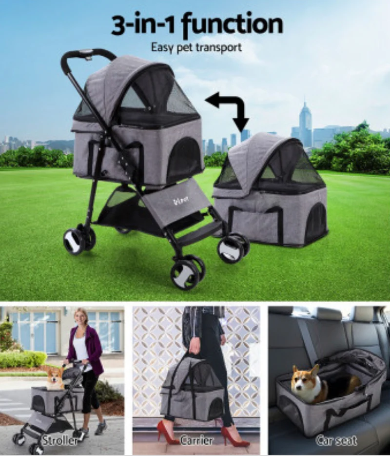 Pet Stroller Dog Carrier Foldable Pram 3 IN 1 Middle Size Grey