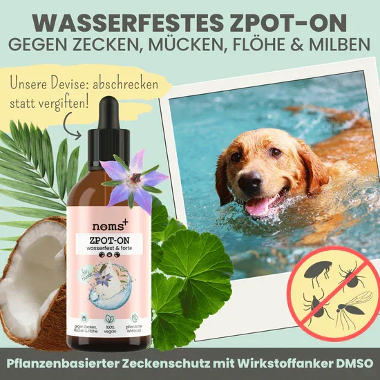 WASSERFEST Noms+ Zpot-on Tropfen für Hunde gegen Flöhe, Zecken, Milben & Mücken | 100% Chemiefrei | 100ml Jahresvorrat