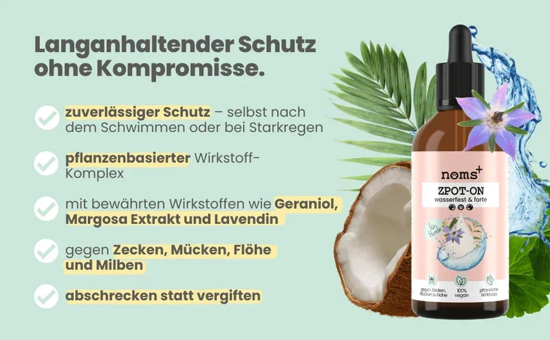 WASSERFEST Noms+ Zpot-on Tropfen für Hunde gegen Flöhe, Zecken, Milben & Mücken | 100% Chemiefrei | 100ml Jahresvorrat