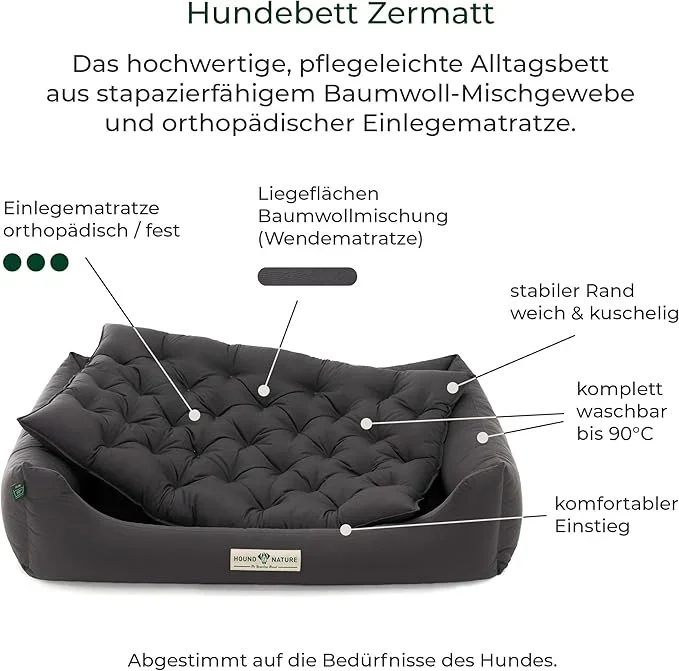 Orthopädisches Öko-Hundebett Zermatt von HOUND&NATURE | Recycelte Materialien | Oeko-Tex® Standard | Grau