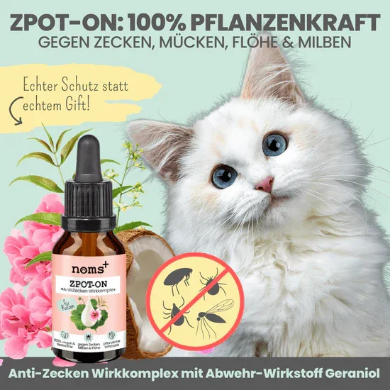 PROBIERANGEBOT! Noms+ Zpot-on für Katzen gegen Zecken, Flöhe & Co. | 100% Chemiefrei | 30ml Jahresvorrat | 100% vegan & tierleidfrei