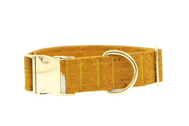 Hundehalsband mit Klickverschluss | Korkleder | Umweltfreundlich | Robust & Vegan | Senf/Gold