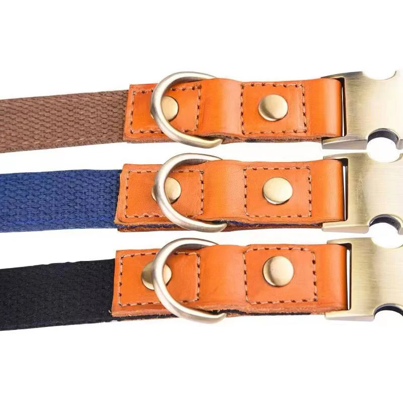 Hundehalsband "Valdo" mit Gravur – robustes PE-Gewebe & Leder – Messing matt – Marineblau, Hellblau oder Grün (S–L)