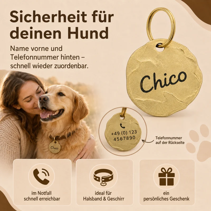 Extravagante Vintage Hundemarke mit Gravur personalisiert, Material Messing, 25mm