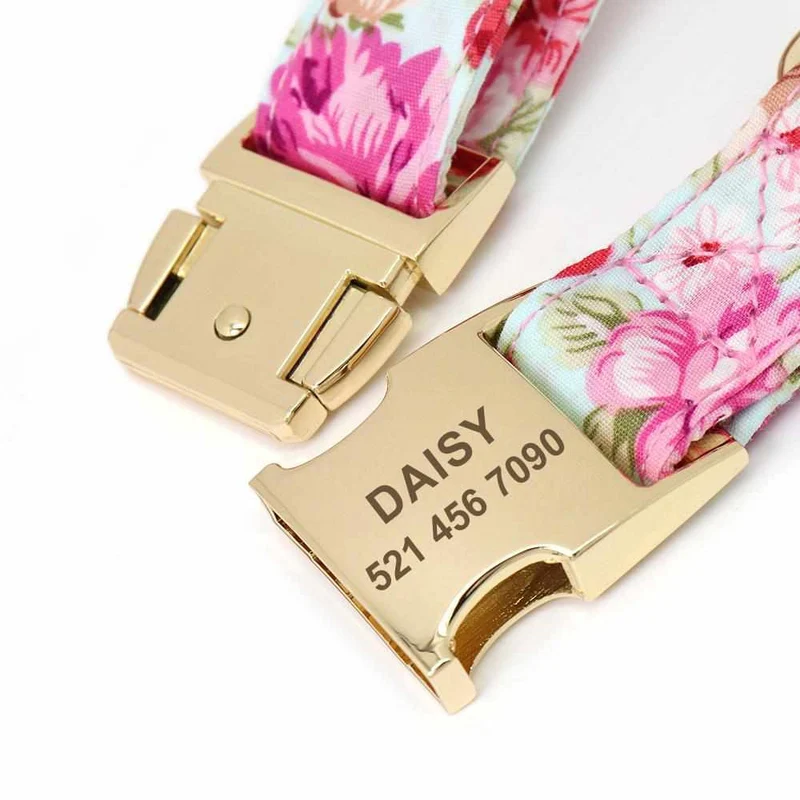 Hundehalsband mit Blumenmuster und gratis Gravur - optional als Set