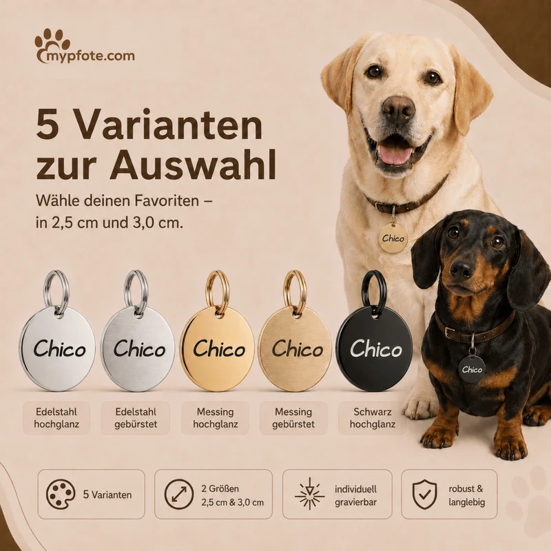 Hundemarke mit Gravur, Name und Telefon personalisiert, rund, 25mm oder 30mm in verschiedenen Farben