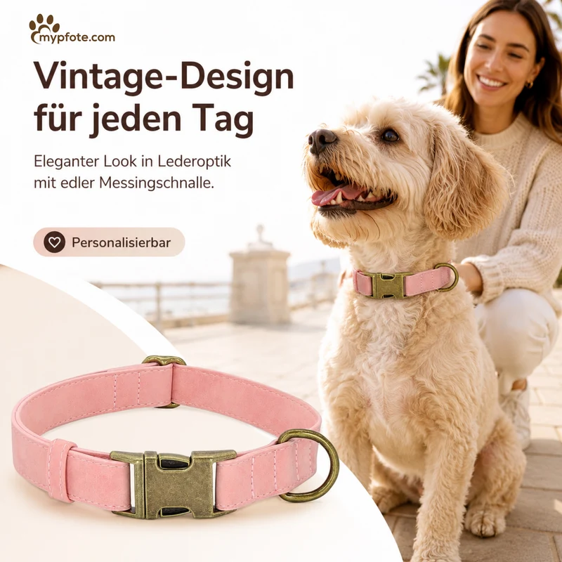 Edles Hundehalsband im Vintagelook mit Messingschnalle und kostenloser Gravur Name und Telefon