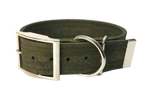 Hundehalsband mit Dornschnalle | Korkleder | Umweltfreundlich | Robust & Vegan | Olive/Silber