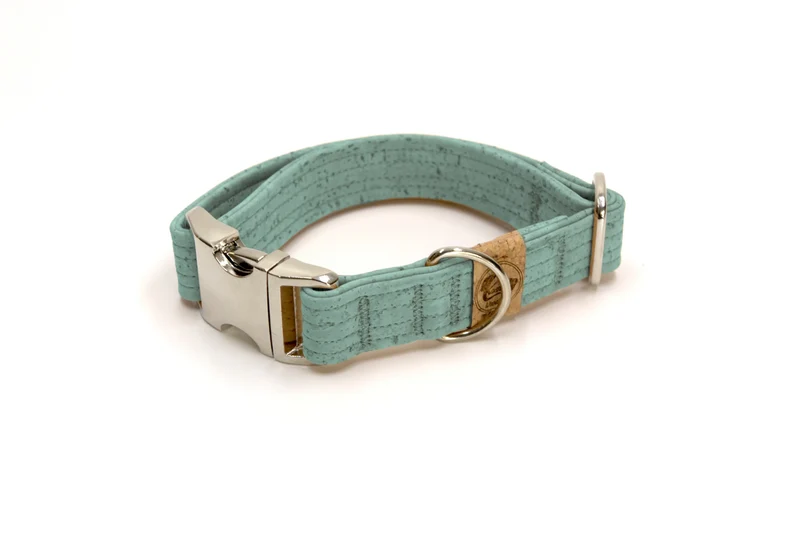 Hundehalsband mit Klickverschluss | Korkleder | Umweltfreundlich | Robust & Vegan | Silber/Mint