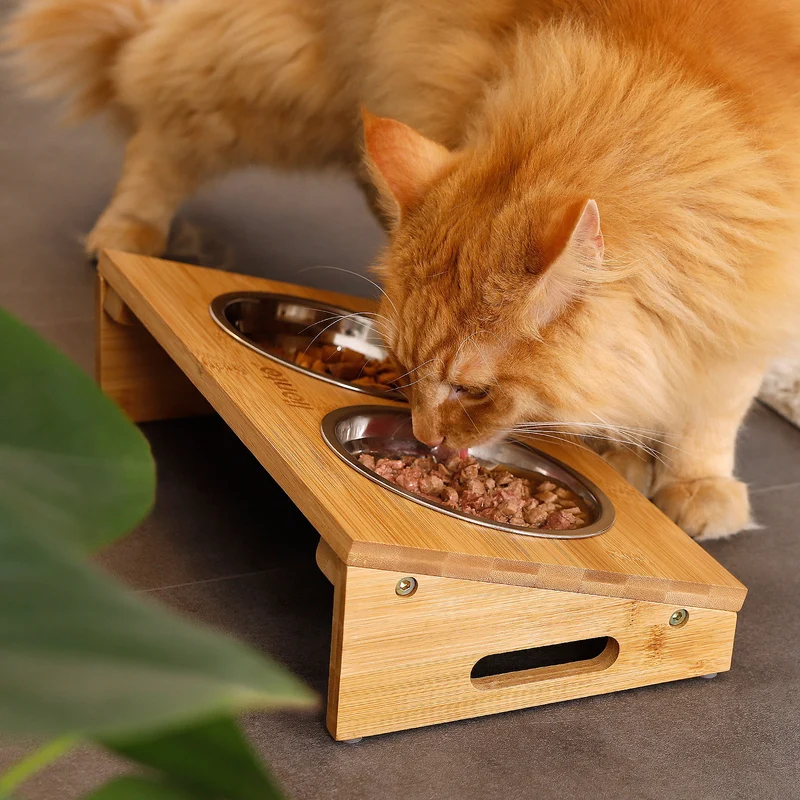 Erhöhter Katzennapf mit Bambusgestell