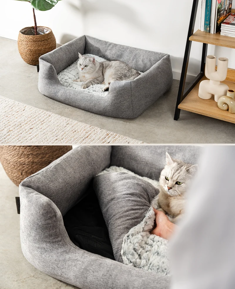 Katzenbett mit Wendekissen & meliertem Außenstoff