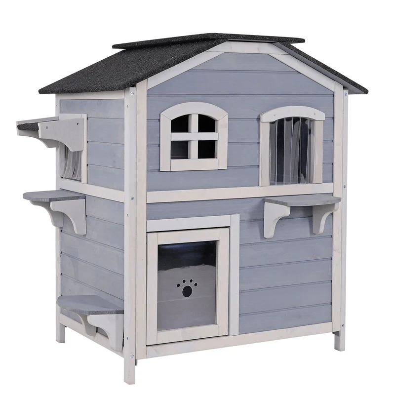 Katzenhaus mit klappbarem Dach 80x55x90 cm grau-weiß