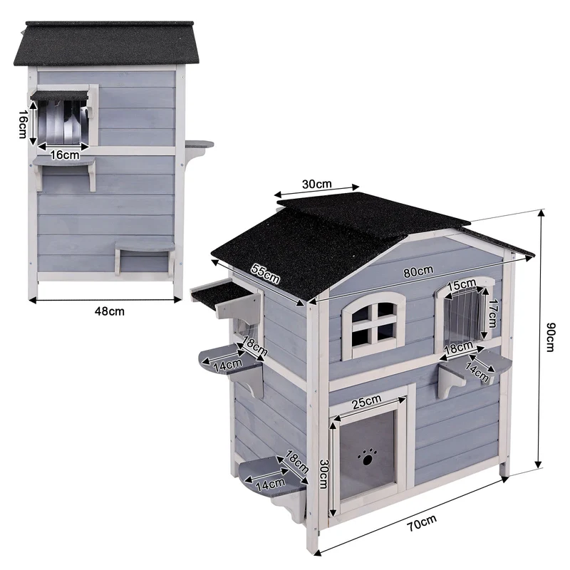 Katzenhaus mit klappbarem Dach 80x55x90 cm grau-weiß