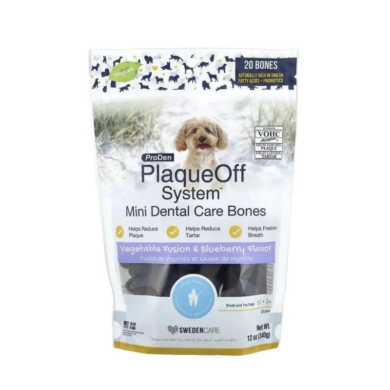 PlaqueOff Mini Bones Cão – Ossos Dentários Vegan Mirtilo | Cães Pequenos