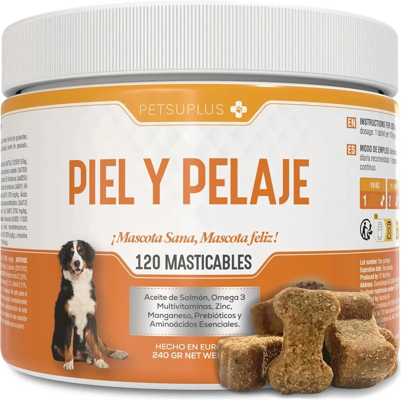 PETSUPLUS Pele e Pelo - Suplemento Alimentar com Óleo de Salmão para Cães e Ômega 3 para Cães - Comichão, Pele Seca, Irritação, Queda de Pelo e Irritabilidade