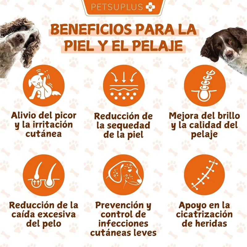 PETSUPLUS Pele e Pelo - Suplemento Alimentar com Óleo de Salmão para Cães e Ômega 3 para Cães - Comichão, Pele Seca, Irritação, Queda de Pelo e Irritabilidade