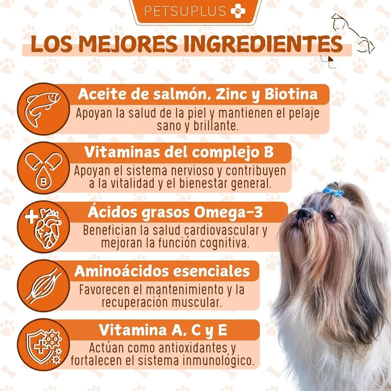 PETSUPLUS Pele e Pelo - Suplemento Alimentar com Óleo de Salmão para Cães e Ômega 3 para Cães - Comichão, Pele Seca, Irritação, Queda de Pelo e Irritabilidade