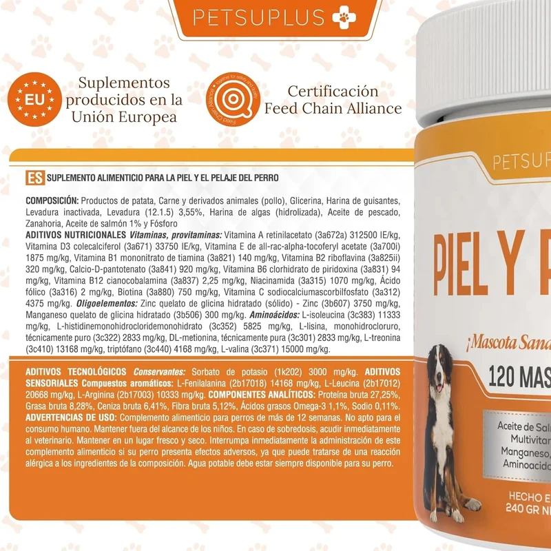 PETSUPLUS Pele e Pelo - Suplemento Alimentar com Óleo de Salmão para Cães e Ômega 3 para Cães - Comichão, Pele Seca, Irritação, Queda de Pelo e Irritabilidade