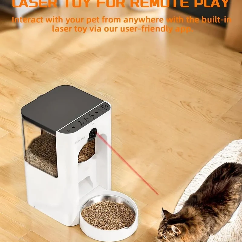 Alimentador automático para gatos com câmera de vigilância, dispensador de ração de 4 litros com programa de alimentação personalizado, gravação de voz de 15 segundos, alimentação dupla e brinquedo a laser.