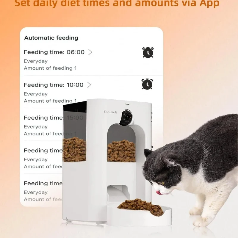 Alimentador automático para gatos com câmera de vigilância, dispensador de ração de 4 litros com programa de alimentação personalizado, gravação de voz de 15 segundos, alimentação dupla e brinquedo a laser.