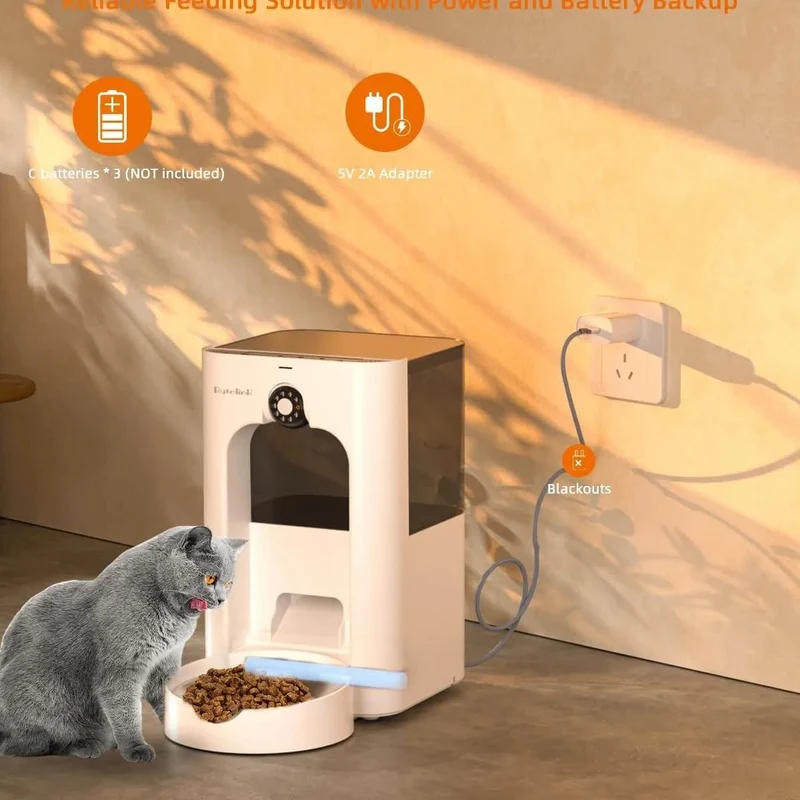 Alimentador automático para gatos com câmera de vigilância, dispensador de ração de 4 litros com programa de alimentação personalizado, gravação de voz de 15 segundos, alimentação dupla e brinquedo a laser.