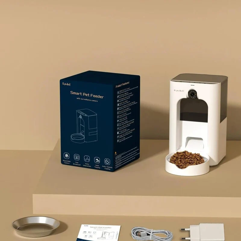 Alimentador automático para gatos com câmera de vigilância, dispensador de ração de 4 litros com programa de alimentação personalizado, gravação de voz de 15 segundos, alimentação dupla e brinquedo a laser.