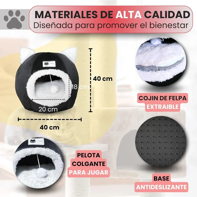 Cama para gatos, 2 em 1, abrigo e gruta macia, cama lavável - 40 x 40 cm - cor preta