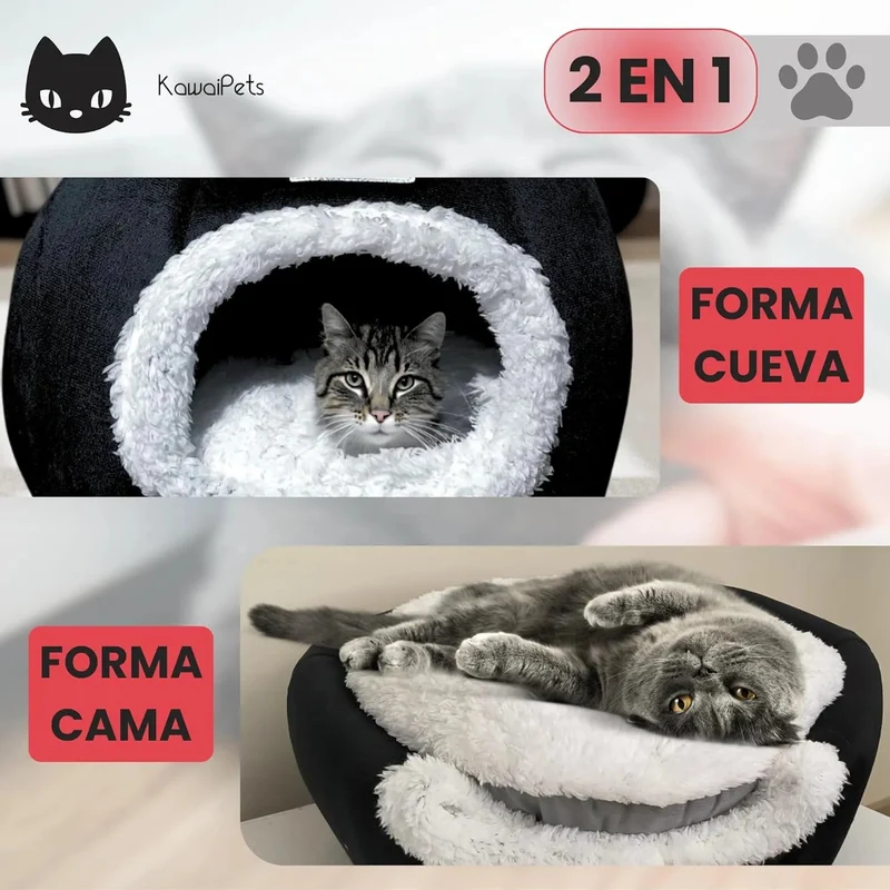 Cama para gatos, 2 em 1, abrigo e gruta macia, cama lavável - 40 x 40 cm - cor preta