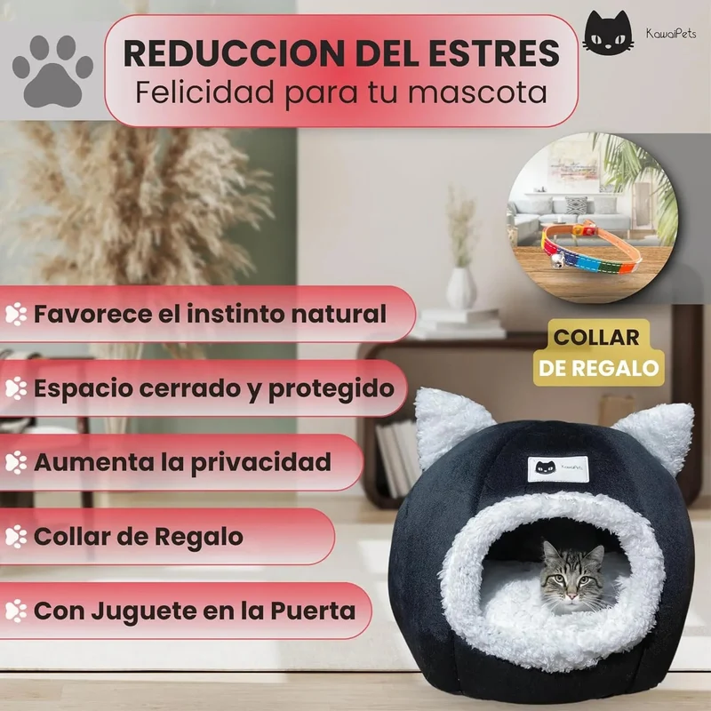 Cama para gatos, 2 em 1, abrigo e gruta macia, cama lavável - 40 x 40 cm - cor preta