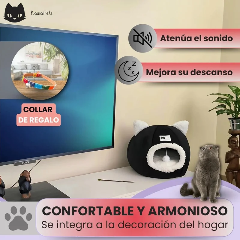 Cama para gatos, 2 em 1, abrigo e gruta macia, cama lavável - 40 x 40 cm - cor preta