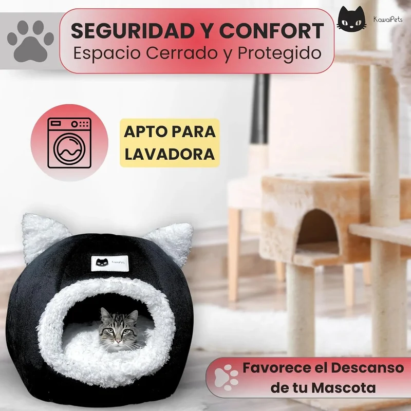 Cama para gatos, 2 em 1, abrigo e gruta macia, cama lavável - 40 x 40 cm - cor preta