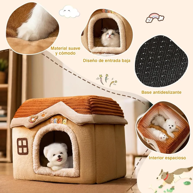Casa / Cama gruta para cães pequenos e gatos, colchão removível, lavável