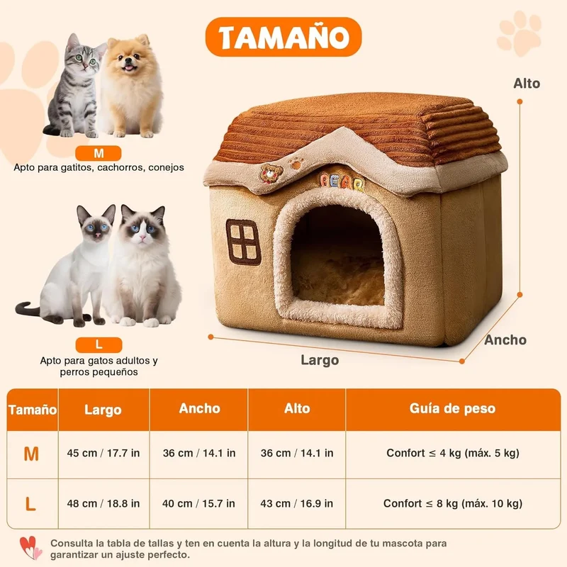 Casa / Cama gruta para cães pequenos e gatos, colchão removível, lavável